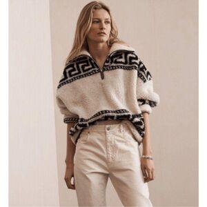 Cream Sherpa Pullover Sweater with Black Trim